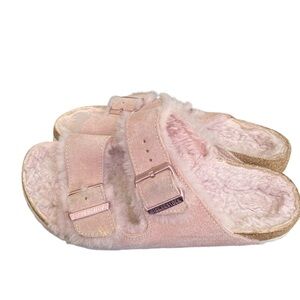 Birkenstock blush Pink Arizona Shearling Sandals with rose gold buckles
